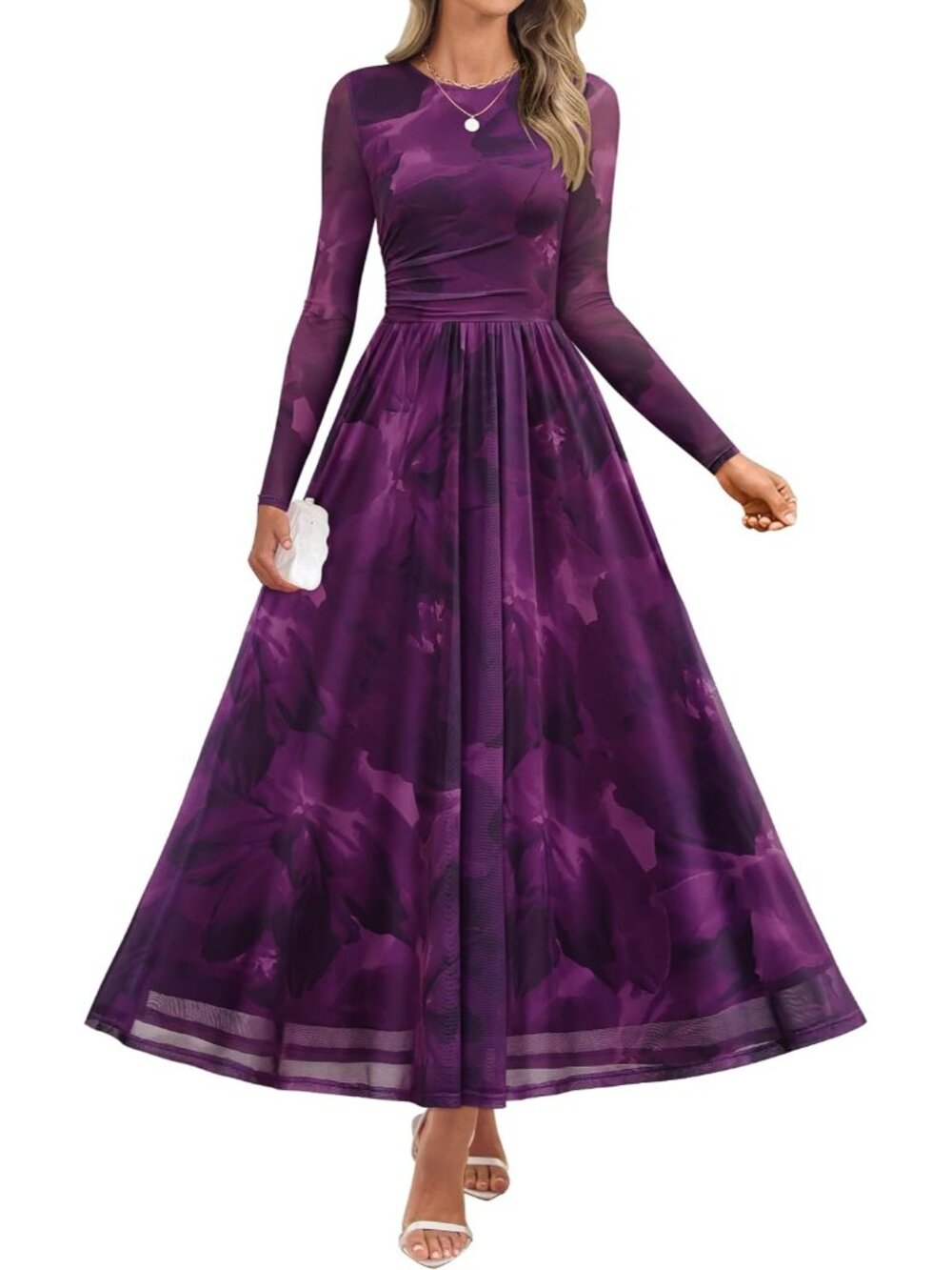 Women's Purple Crewneck Floral Print Long Sleeve Wedding Guest Maxi Dresses